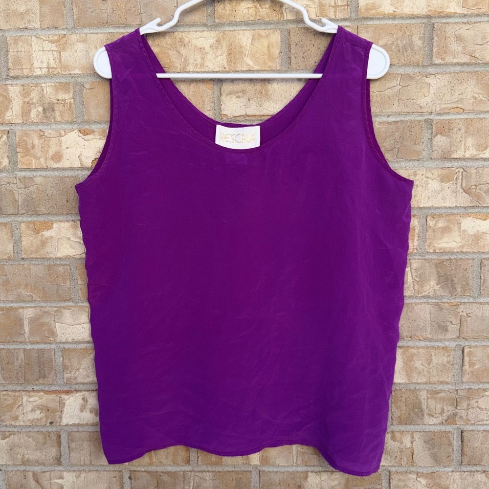 Vintage 100% Silk Tank Top Vibrant Purple Scoop Neck Minimalist Side Slit Size L
